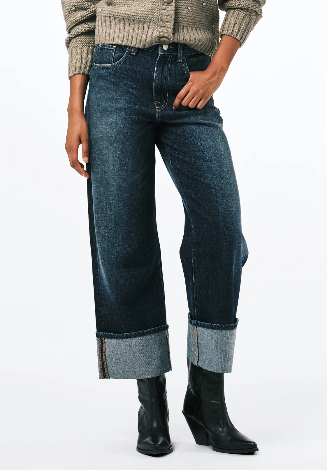 High Rise Wide Leg Cropped Addisson Women's Jeans, Dark Contrast - BL16106