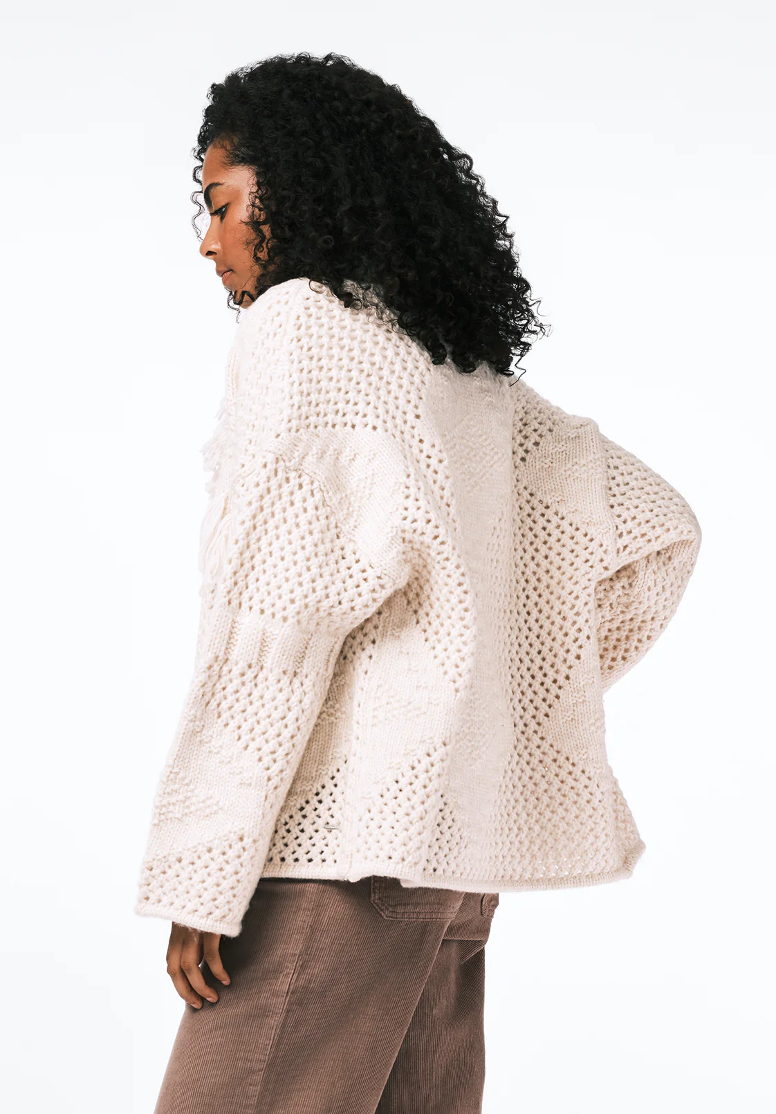 Agatha Women's Open-Front Knit Cardigan with Fringe Detail, Oatmeal - SW0154 - Image 3