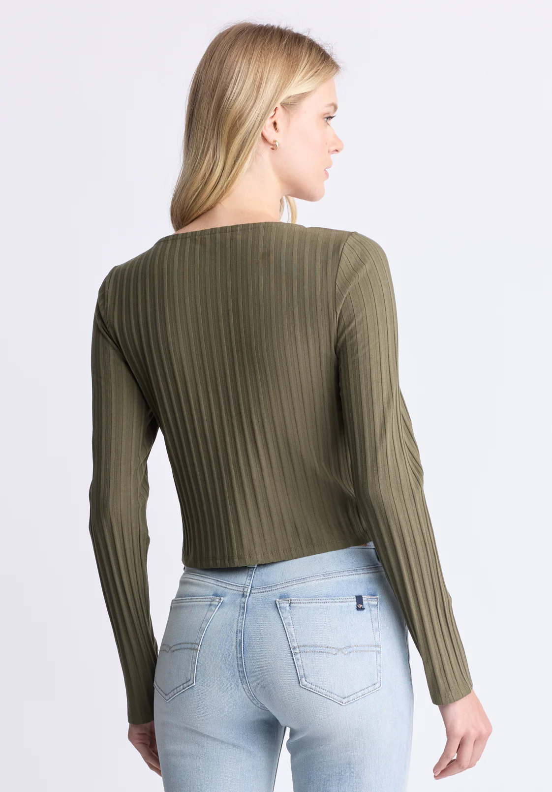 Albertina Women's Ribbed Long-Sleeve Button-Up Top, Olive Green - KT0205H - Image 3