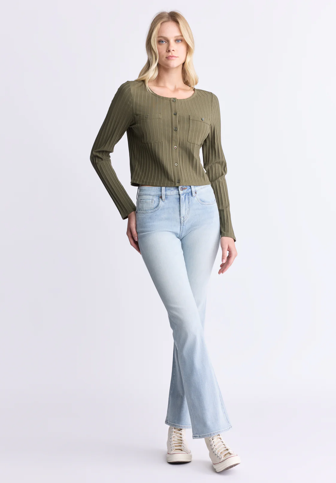 Albertina Women's Ribbed Long-Sleeve Button-Up Top, Olive Green - KT0205H - Image 4