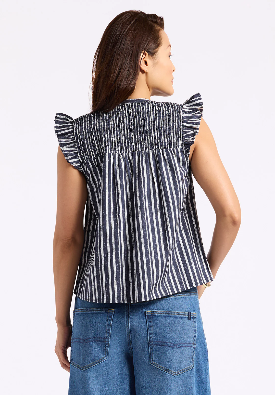 Alda Women's Vertical Stripe Sleeveless Ruffle Top with Smocked Yoke, Indigo - WT0157P - Image 3