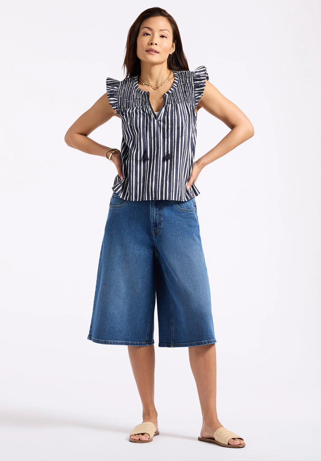 Alda Women's Vertical Stripe Sleeveless Ruffle Top with Smocked Yoke, Indigo - WT0157P - Image 4