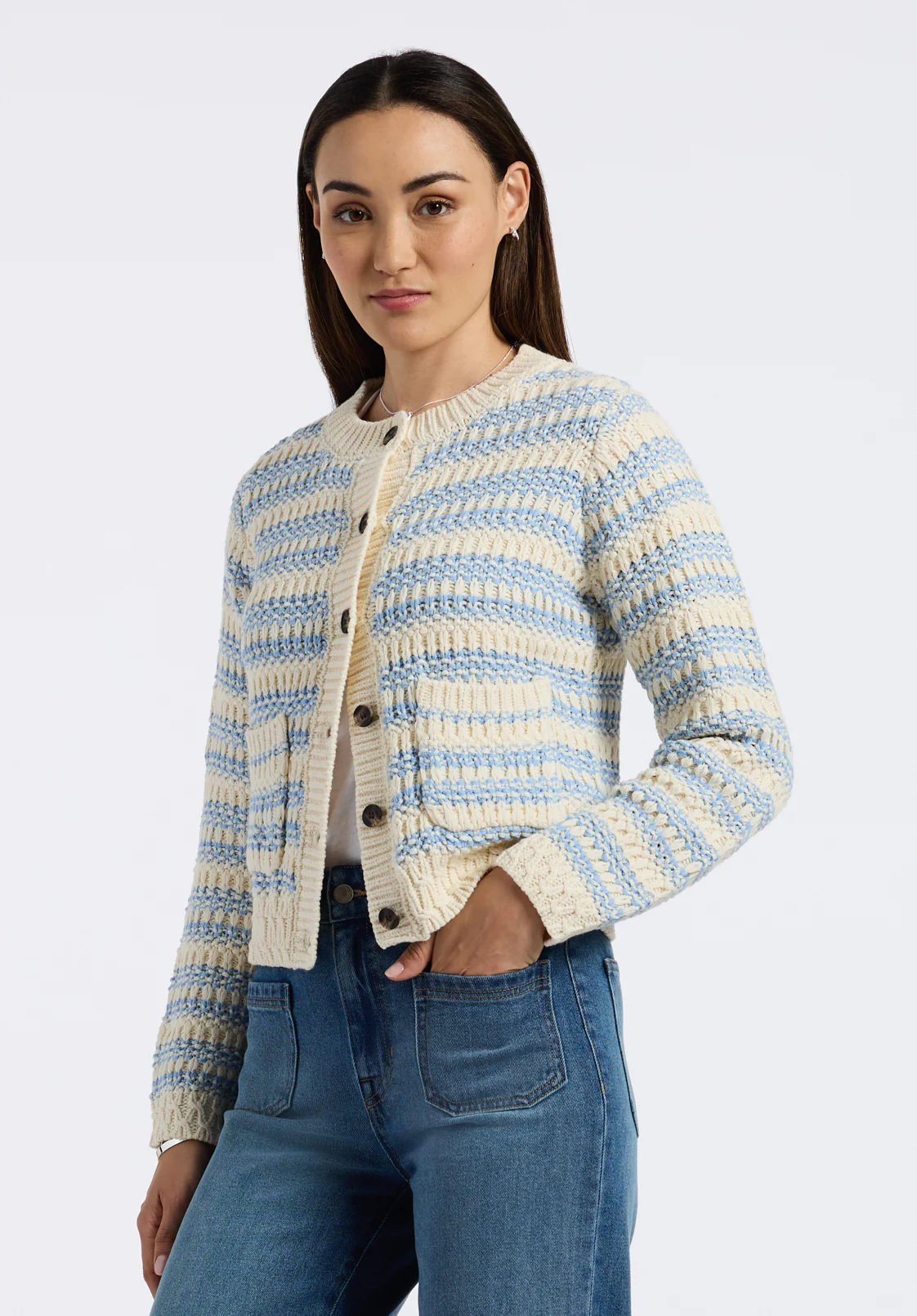 Amaranth Women's Striped Open Knit Cardigan, Cloud & Blue - SW0113P - Image 3