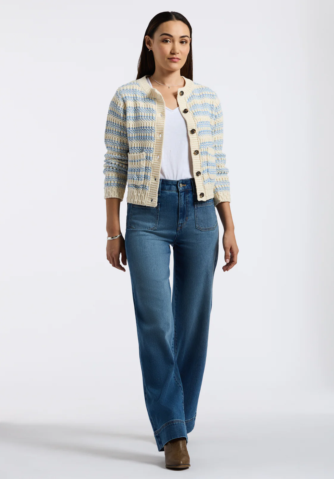 Amaranth Women's Striped Open Knit Cardigan, Cloud & Blue - SW0113P - Image 5