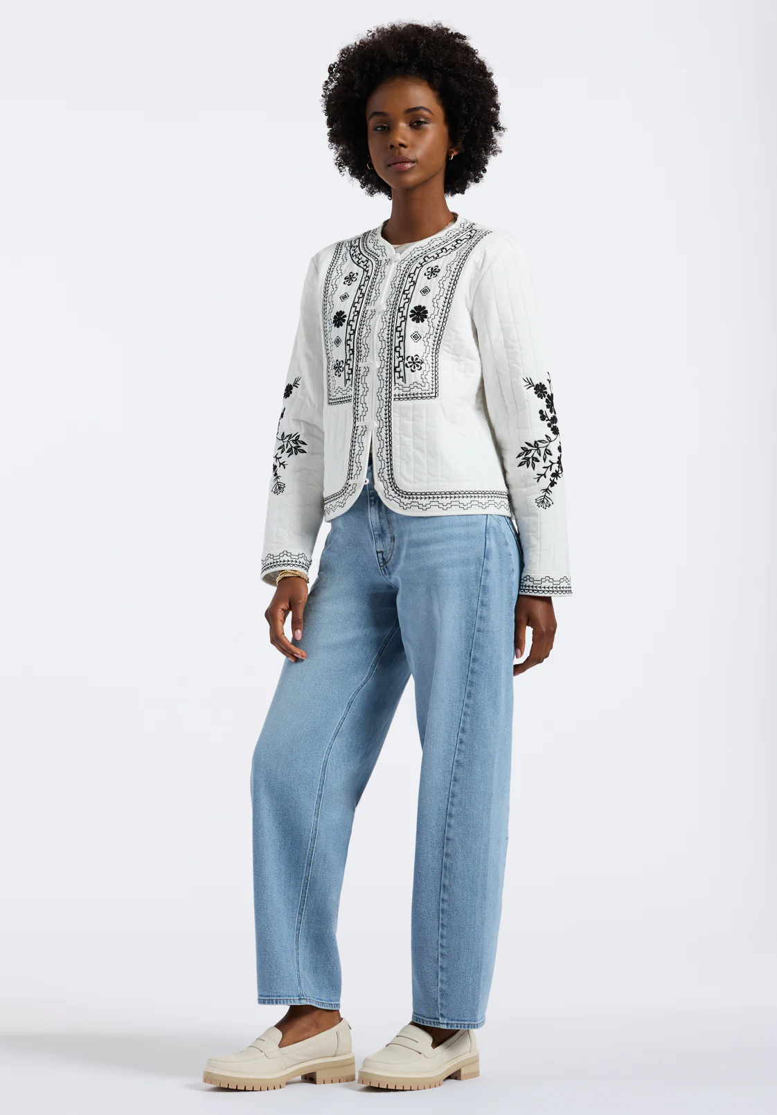 Ashleigh Women's Quilted Embroidered Button-Up Jacket, Egret - JK0048P - Image 5