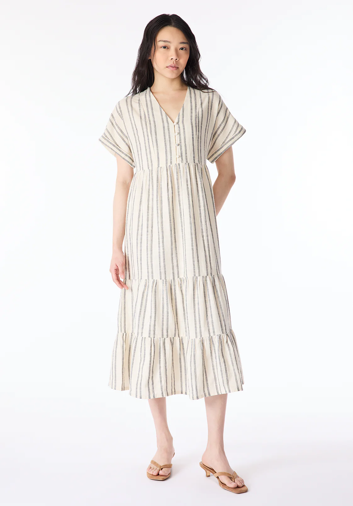 Aurinda Women's Tiered Striped Midi Dress, Parchment - WD0094P