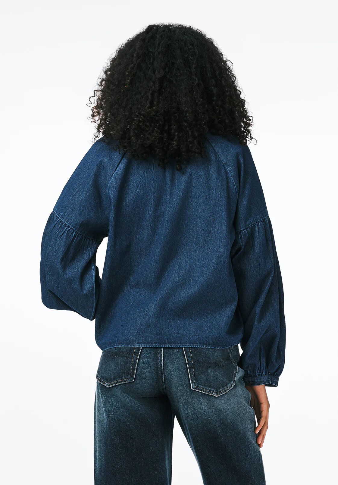 Carissa Women's Denim Blouse with Bow Neck and Voluminous Sleeves, Dark Denim - WT0208 - Image 3