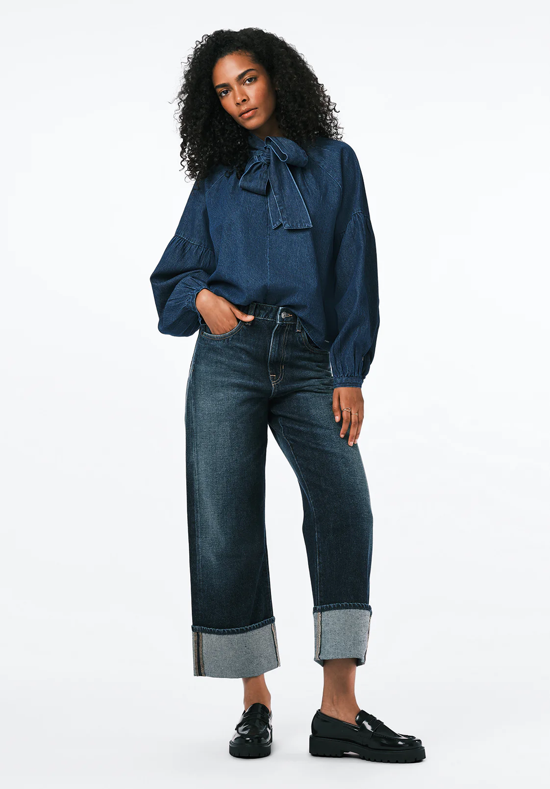 Carissa Women's Denim Blouse with Bow Neck and Voluminous Sleeves, Dark Denim - WT0208 - Image 4