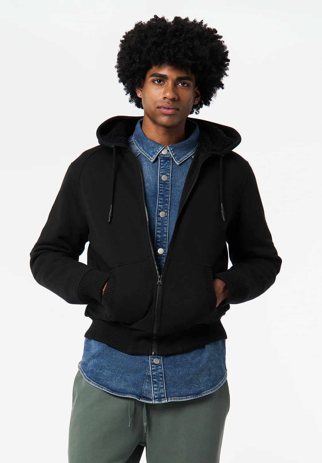 Fasox Men's Relaxed Full-Zip Hooded Jacket with Sherpa Lining, Black - BM24735