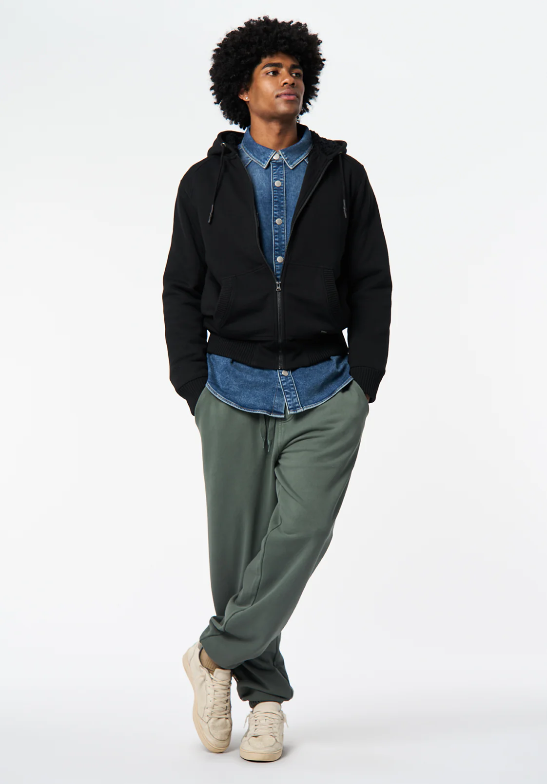 Fasox Men's Relaxed Full-Zip Hooded Jacket with Sherpa Lining, Black - BM24735 - Image 4