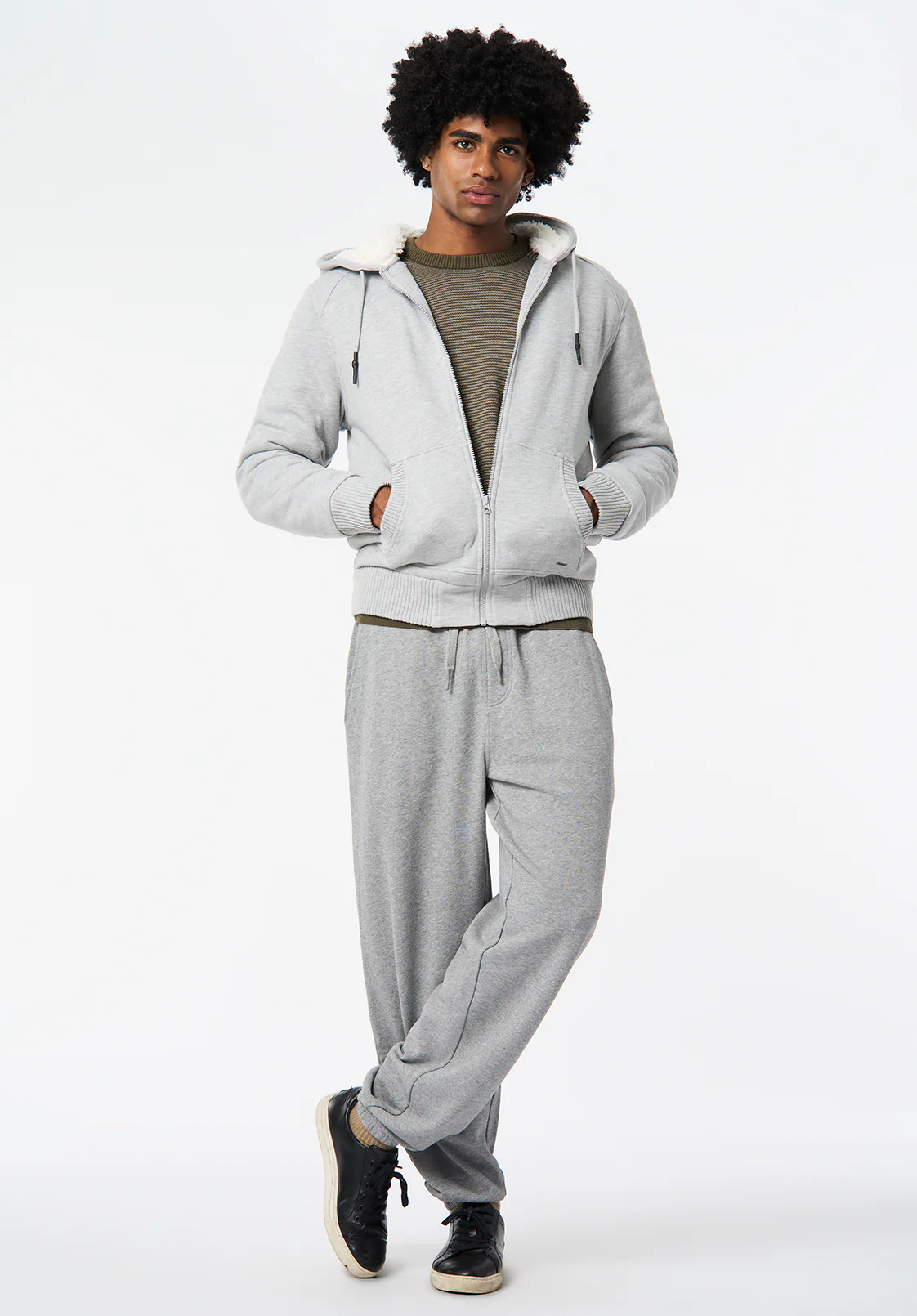 Fasox Men's Relaxed Full-Zip Hooded Jacket with Sherpa Lining, Heather Grey - BM24735 - Image 3
