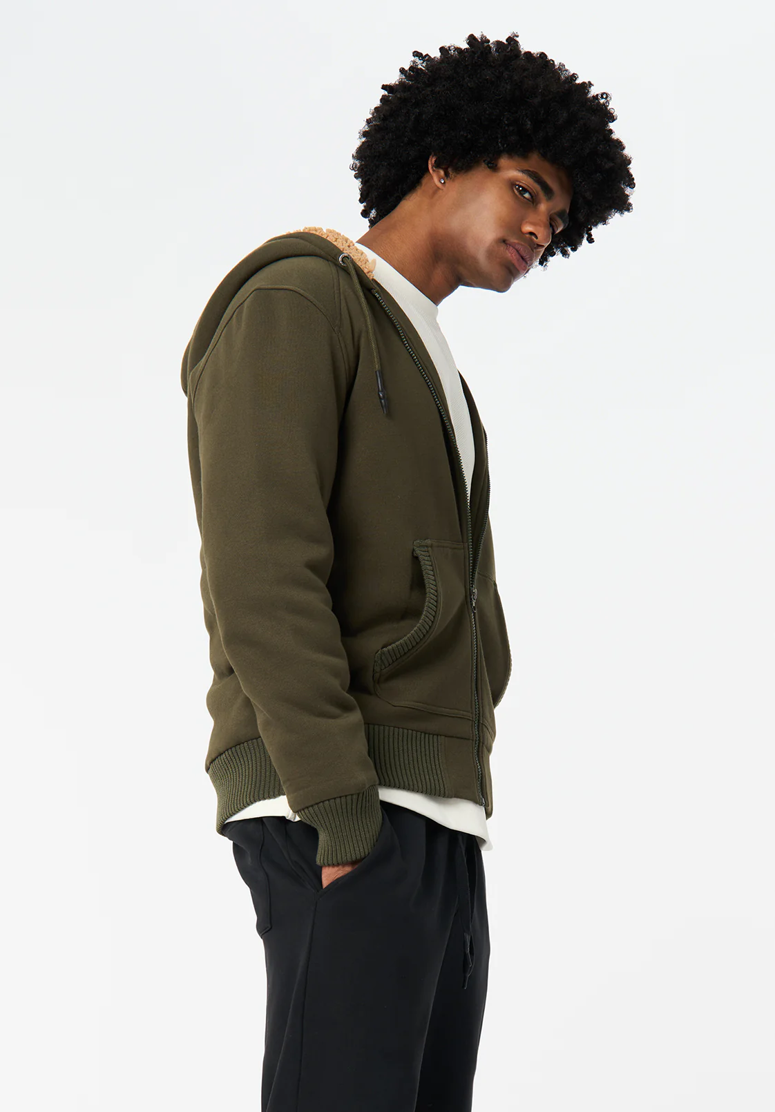 Fasox Men's Relaxed Full-Zip Hooded Jacket with Sherpa Lining, Fern - BM24735 - Image 2