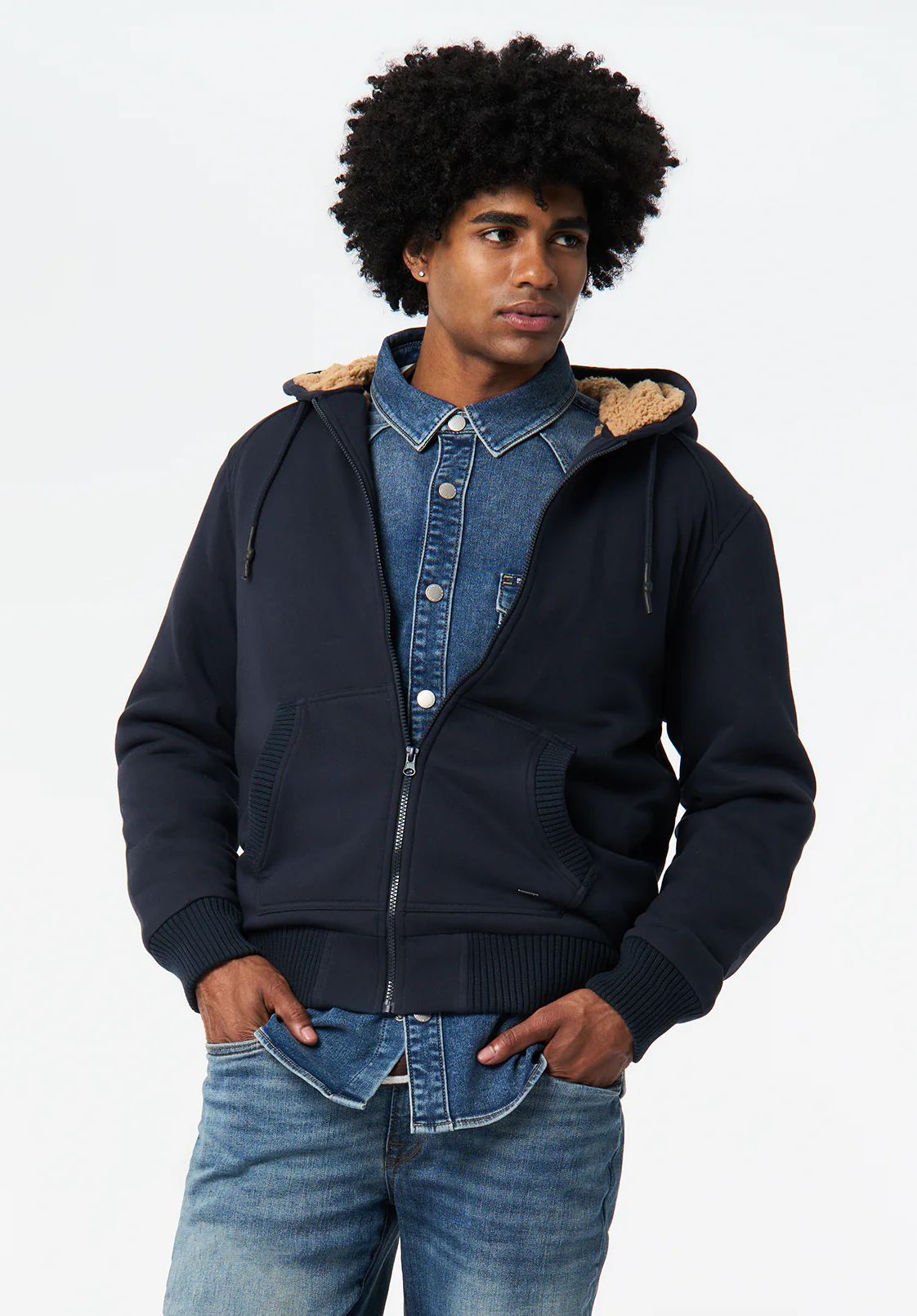 Fasox Men's Relaxed Full-Zip Hooded Jacket with Sherpa Lining, Whale - BM24735