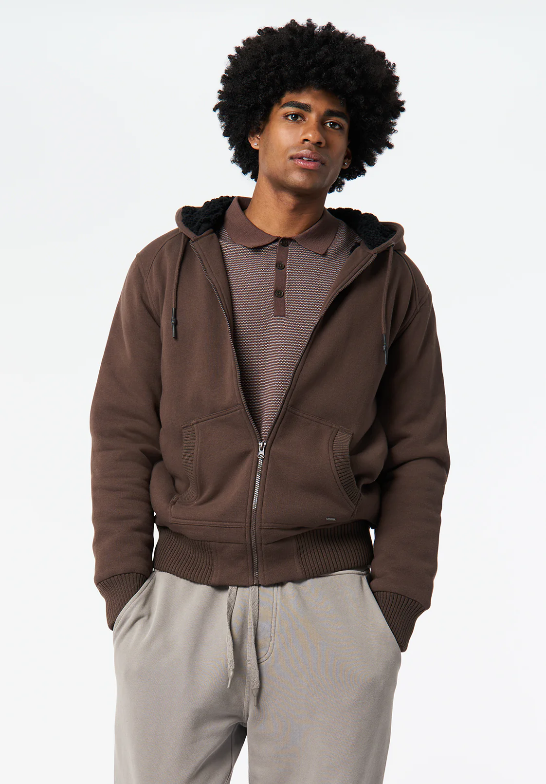 Fasox Men's Relaxed Full-Zip Hooded Jacket with Sherpa Lining, Chocolate Brown - BM24735