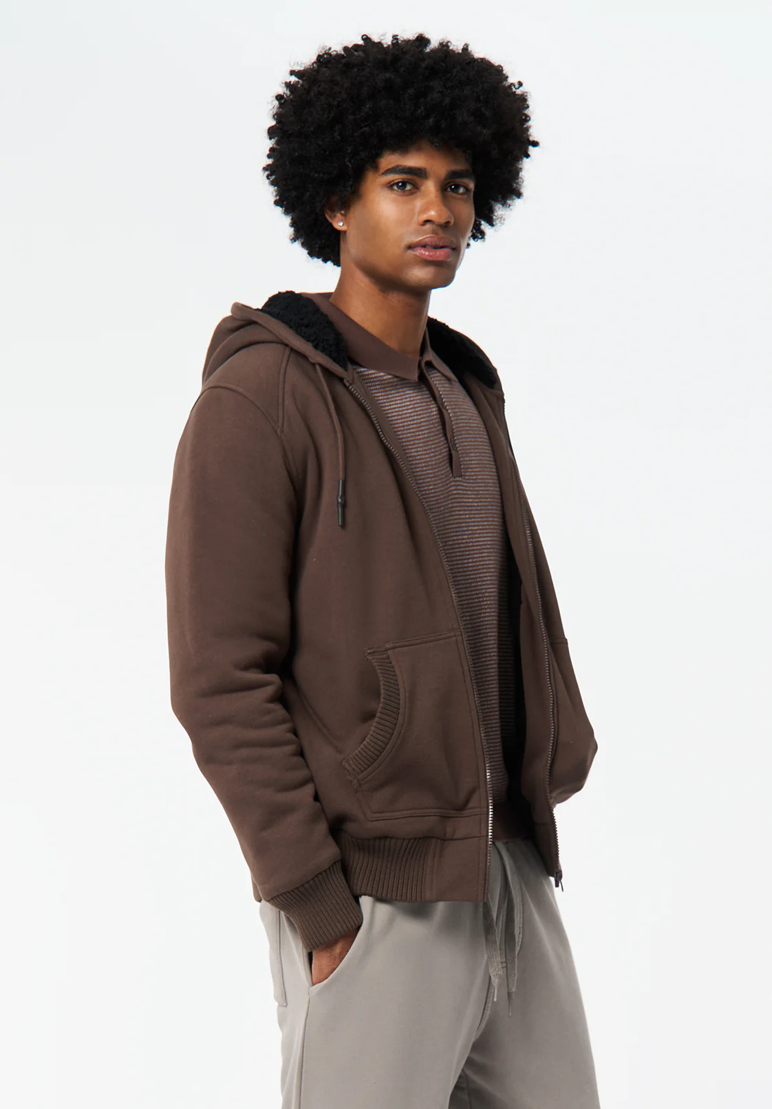 Fasox Men's Relaxed Full-Zip Hooded Jacket with Sherpa Lining, Chocolate Brown - BM24735 - Image 2