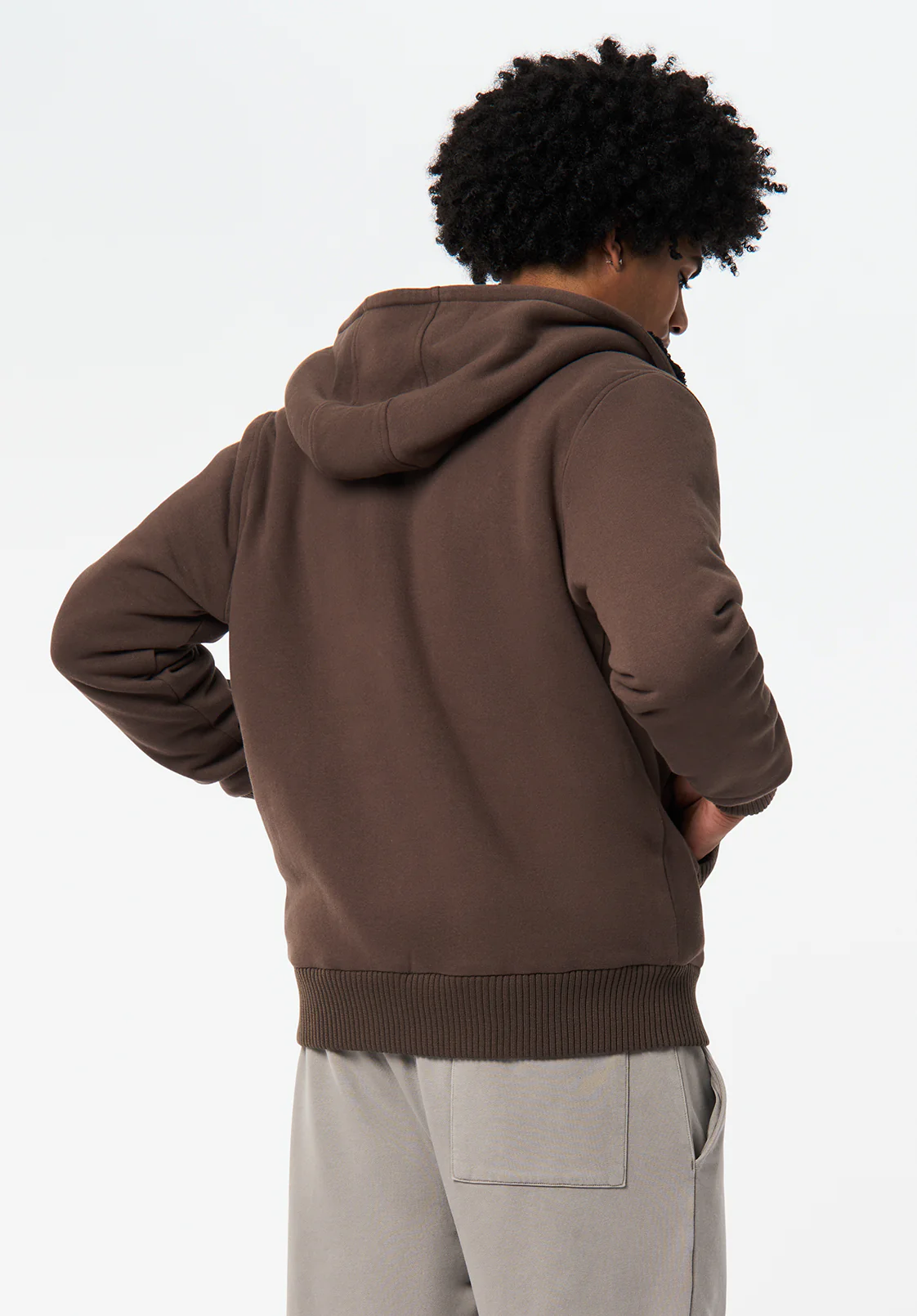 Fasox Men's Relaxed Full-Zip Hooded Jacket with Sherpa Lining, Chocolate Brown - BM24735 - Image 3