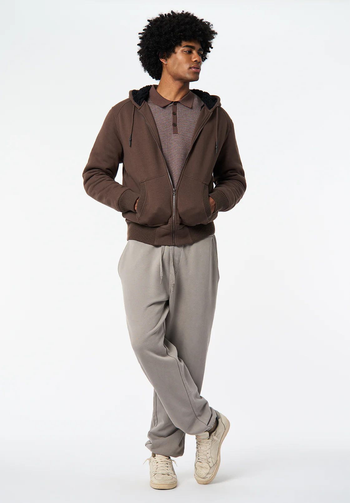 Fasox Men's Relaxed Full-Zip Hooded Jacket with Sherpa Lining, Chocolate Brown - BM24735 - Image 4