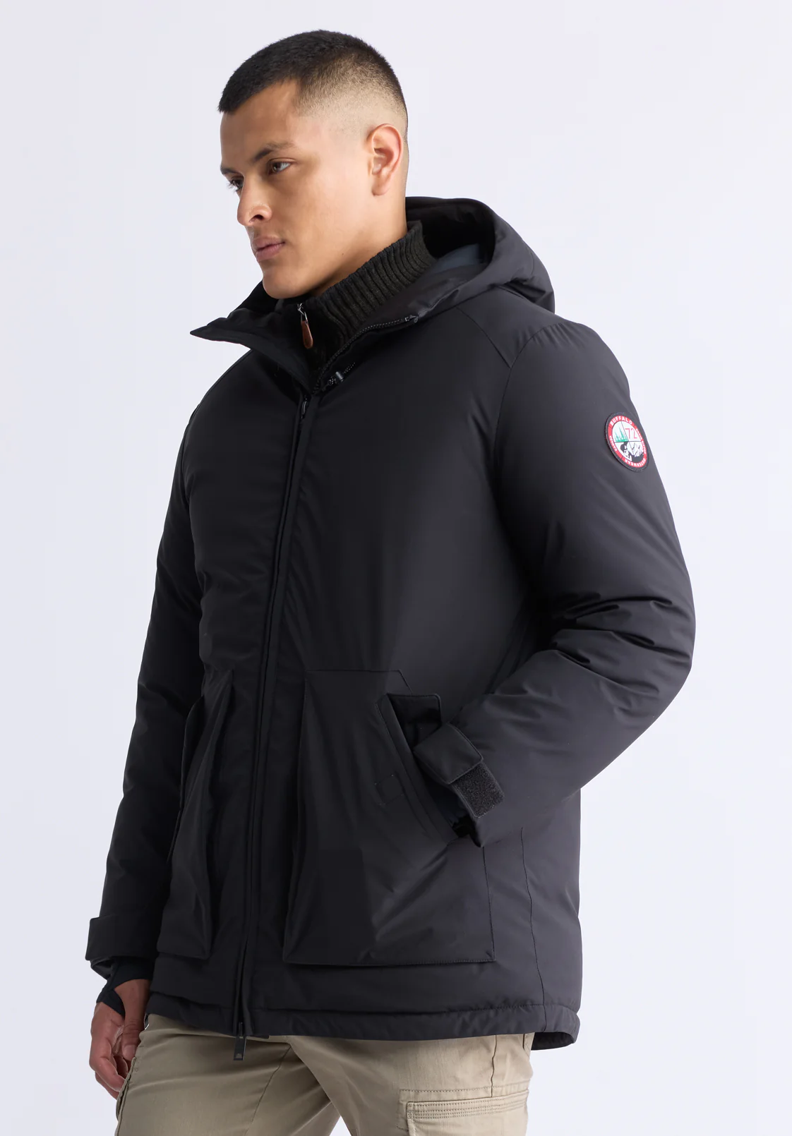 Gavin Men’s Mid-length Two-way Zip-up Classic Parka, Black - OBMFP001 - Image 2