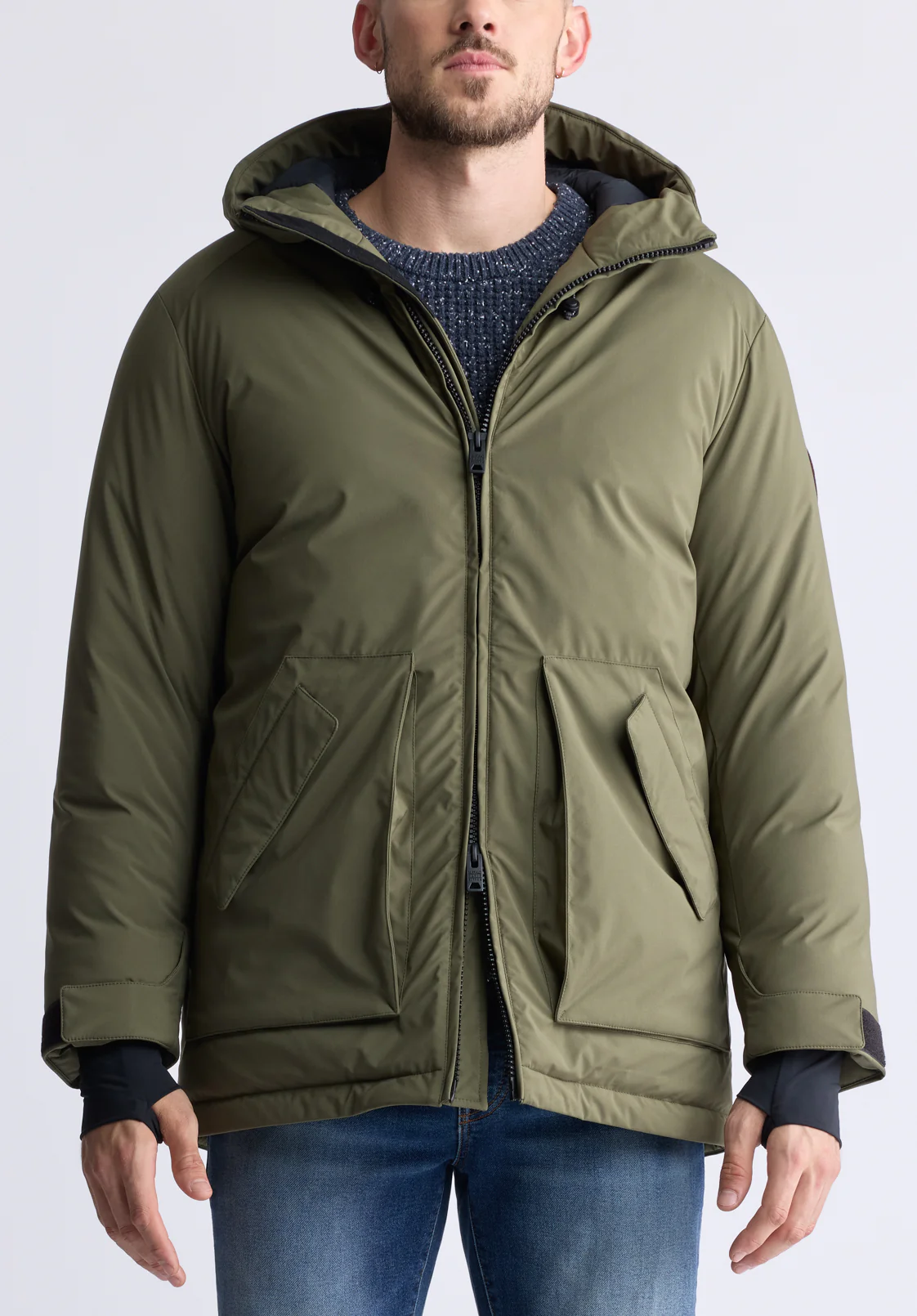 Gavin Men’s Mid-length Two-way Zip-up Classic Parka, Olive green - OBMFP001 - Image 2