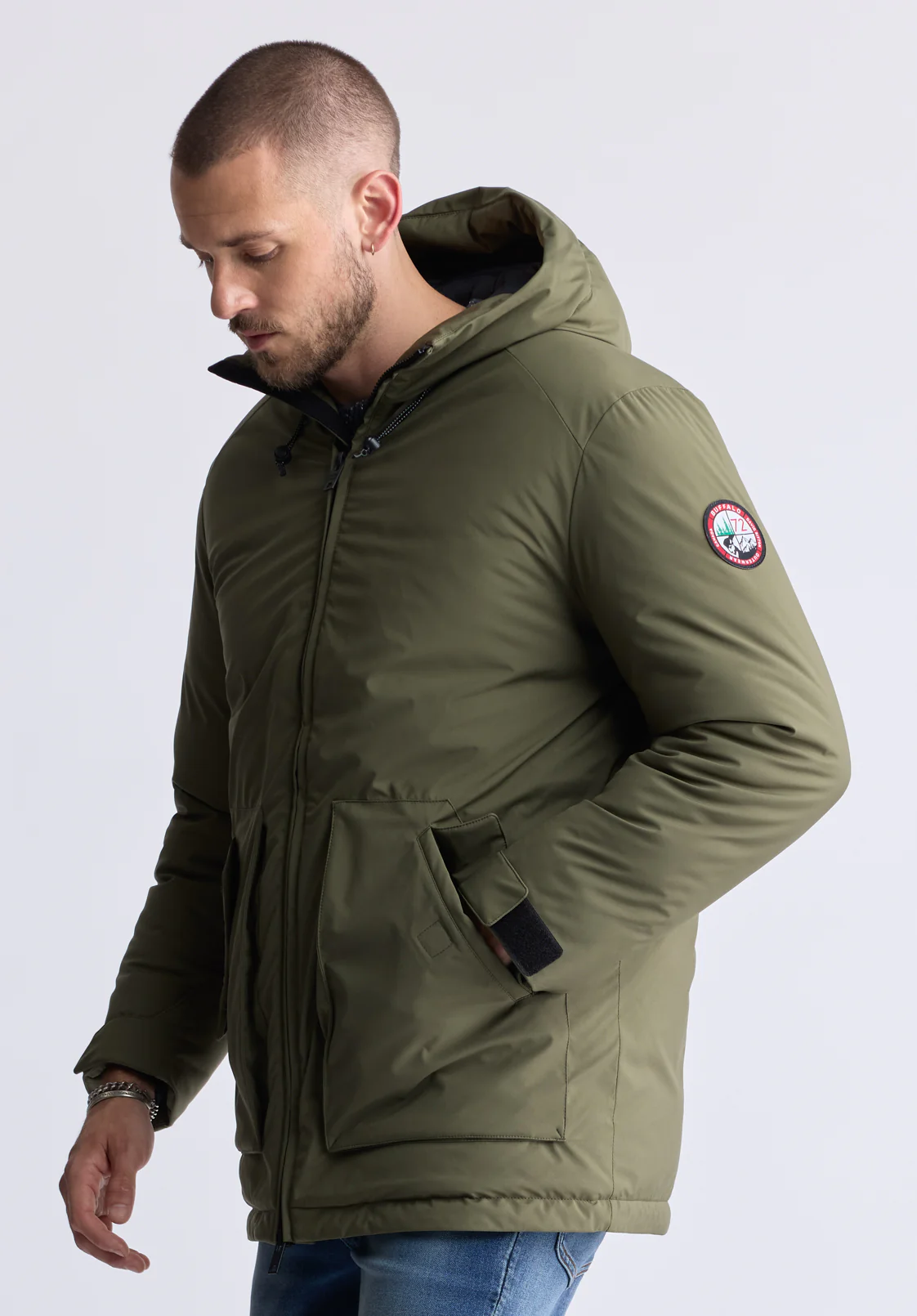Gavin Men’s Mid-length Two-way Zip-up Classic Parka, Olive green - OBMFP001 - Image 3