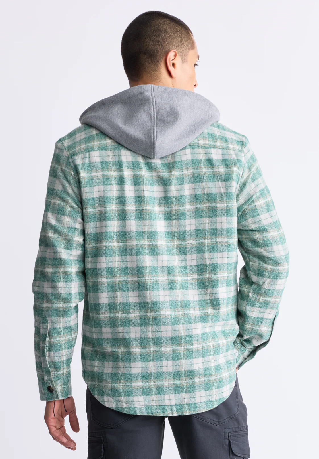 Jakeim Men's Plaid Hooded Shacket, Grey & Green - BM24443 - Image 3