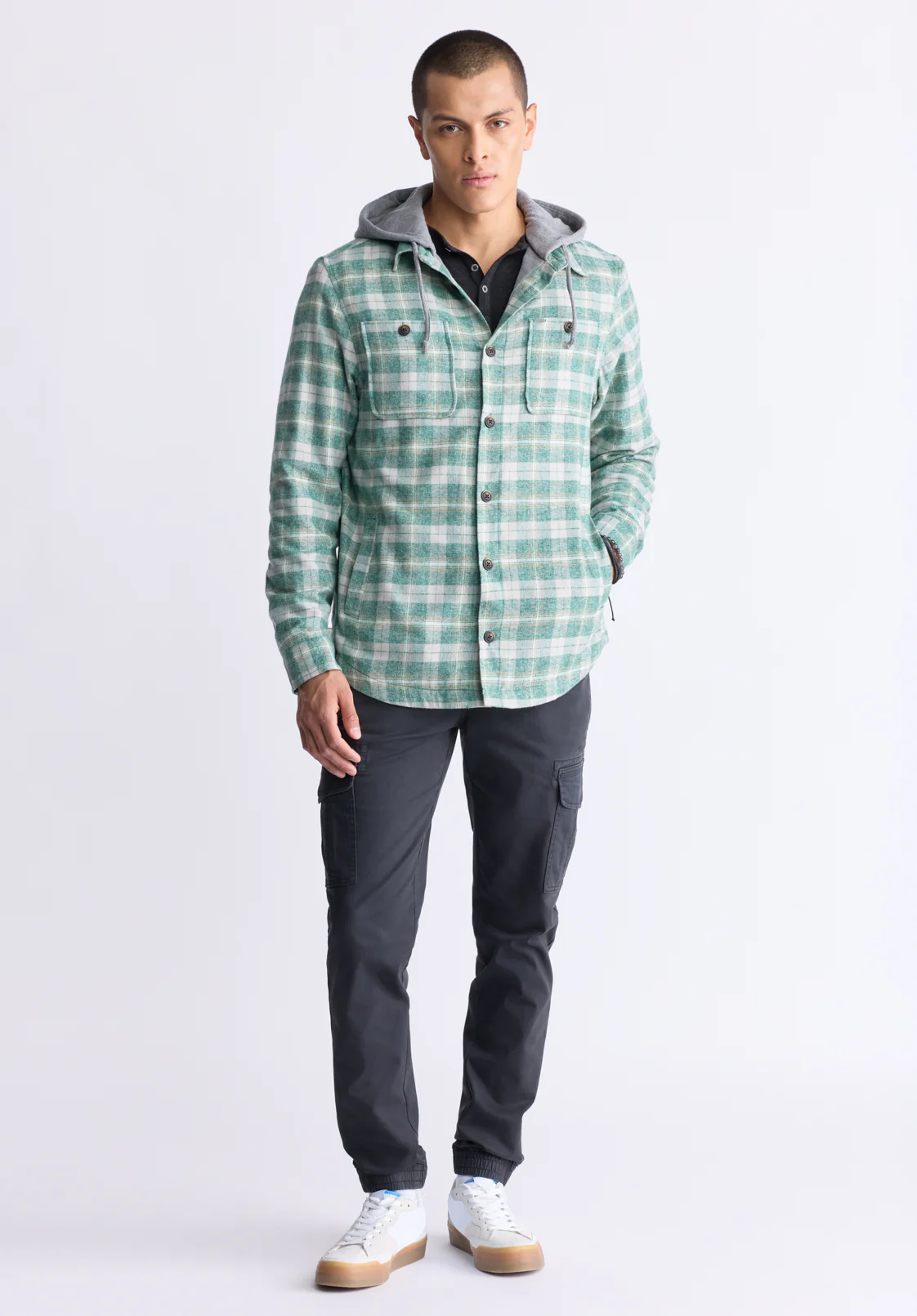 Jakeim Men's Plaid Hooded Shacket, Grey & Green - BM24443 - Image 4