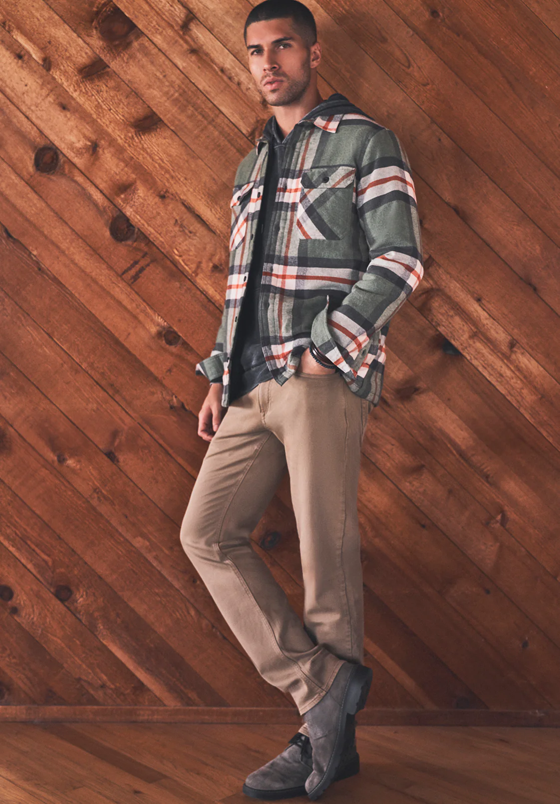 Jomon Men’s Shacket in Green Grey Plaid - BM24103 - Image 2