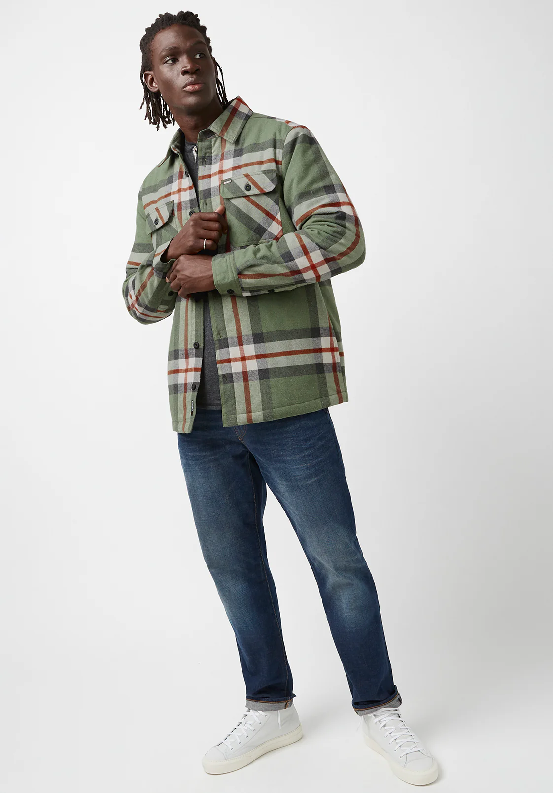 Jomon Men’s Shacket in Green Grey Plaid - BM24103 - Image 6