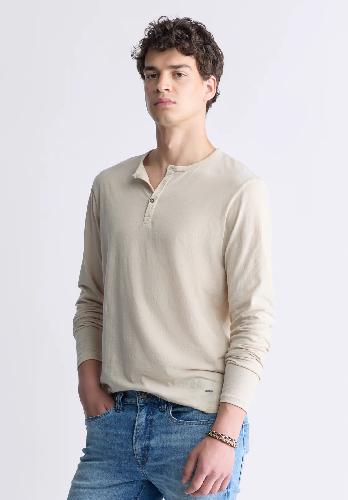 Kaduk Men's Long-Sleeve Burnout Henley Top, Irish Cream - BM24237 - Image 2