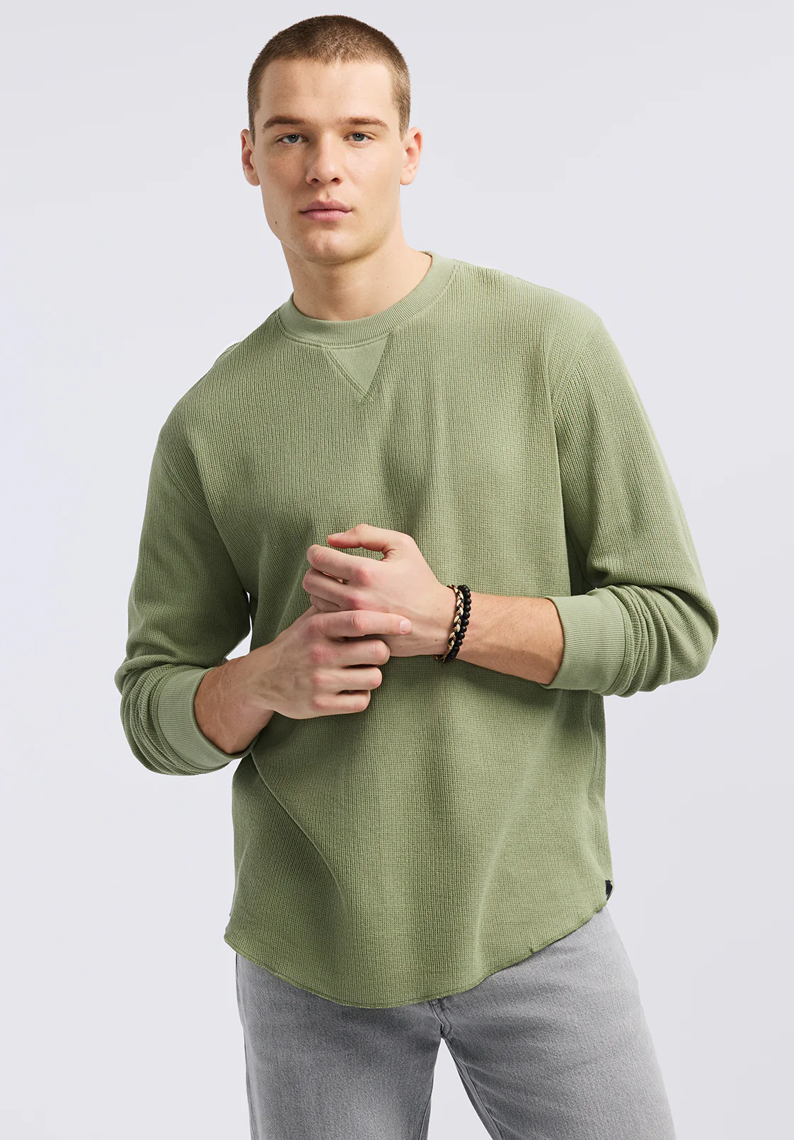 Kaleb Men's Long-Sleeve Crewneck Top, Hedge Green - BM24624