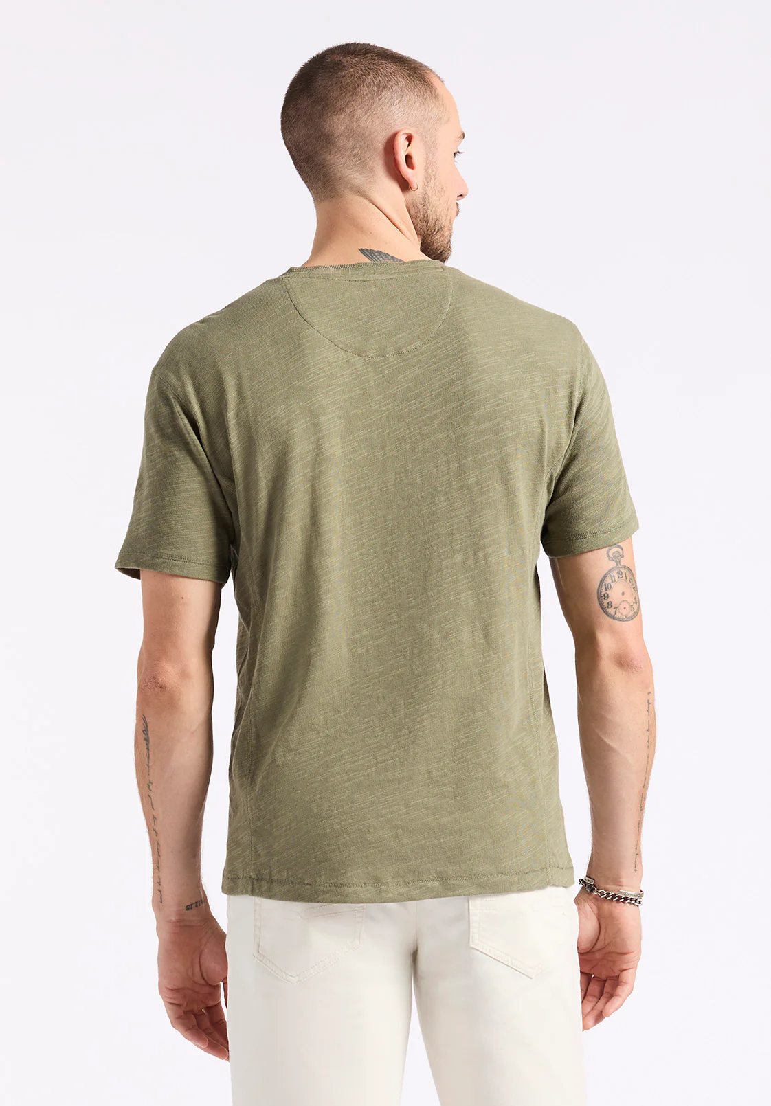 Kandido Men's Short Sleeve Slub Jersey Relaxed Henley Top, Army Green - BM24605 - Image 3