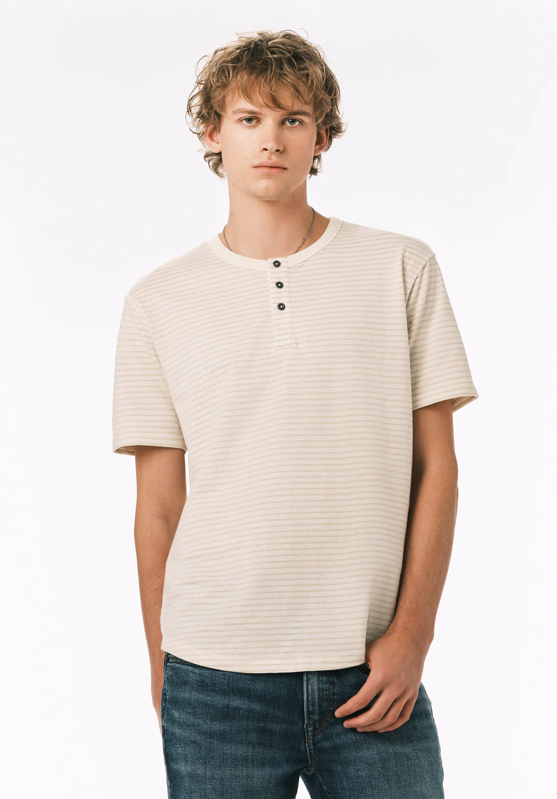 Kehlani Men’s Striped Short Sleeve Henley, Milk - BM24760