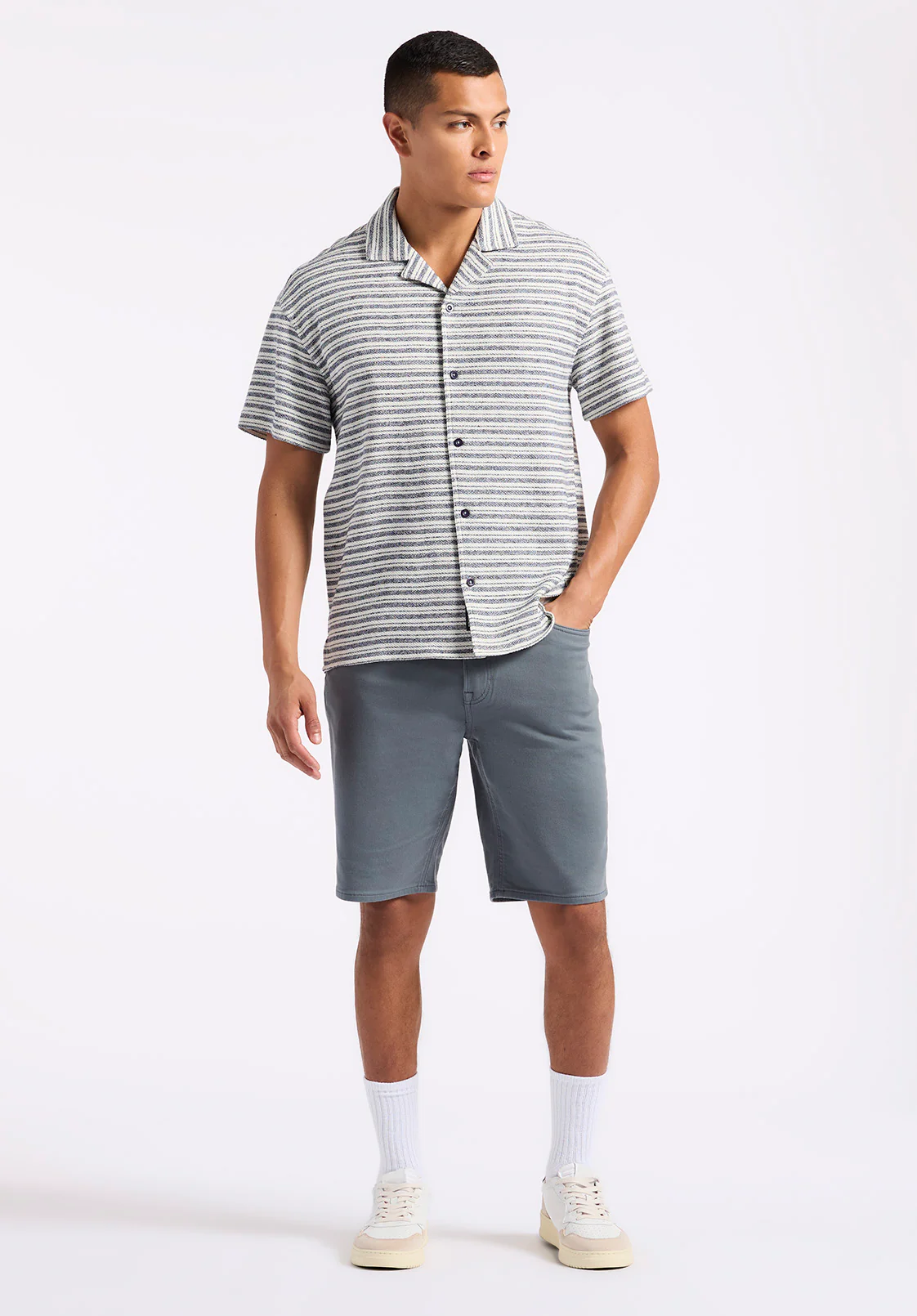 Koddy Men's Short-Sleeve Striped Jersey Button-Up Relaxed Fit Shirt, Midnight Blue - BM24599 - Image 4