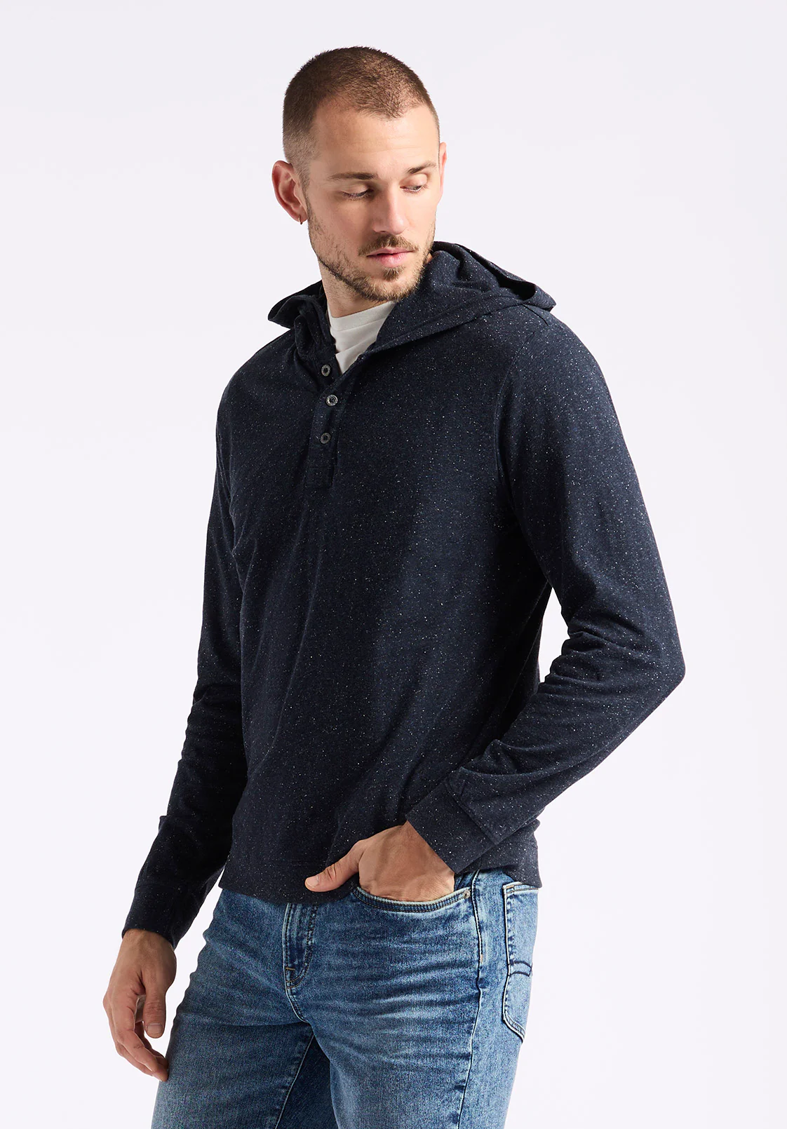 Kolder Men's Relaxed Fit Hooded Henley Top, Whale - BM24544 - Image 2