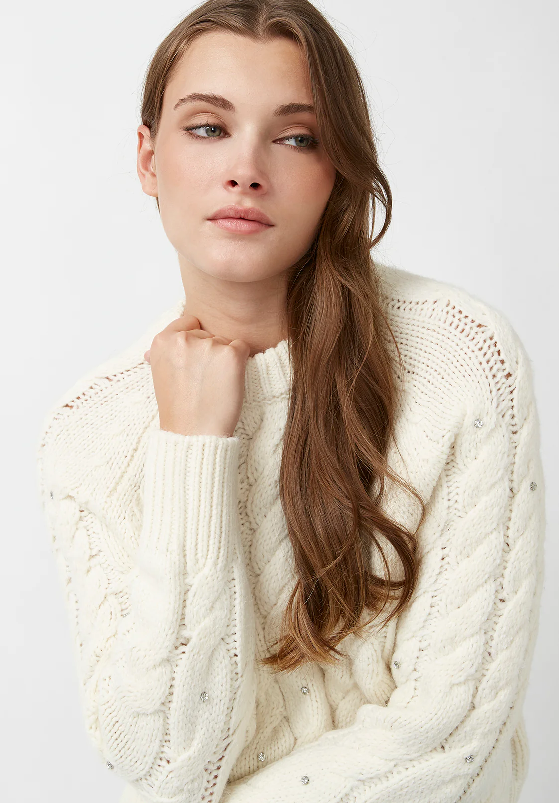 Magari Women's Long Sleeve Crewneck Cable Sweater in Ivory - SW0030H - Image 4