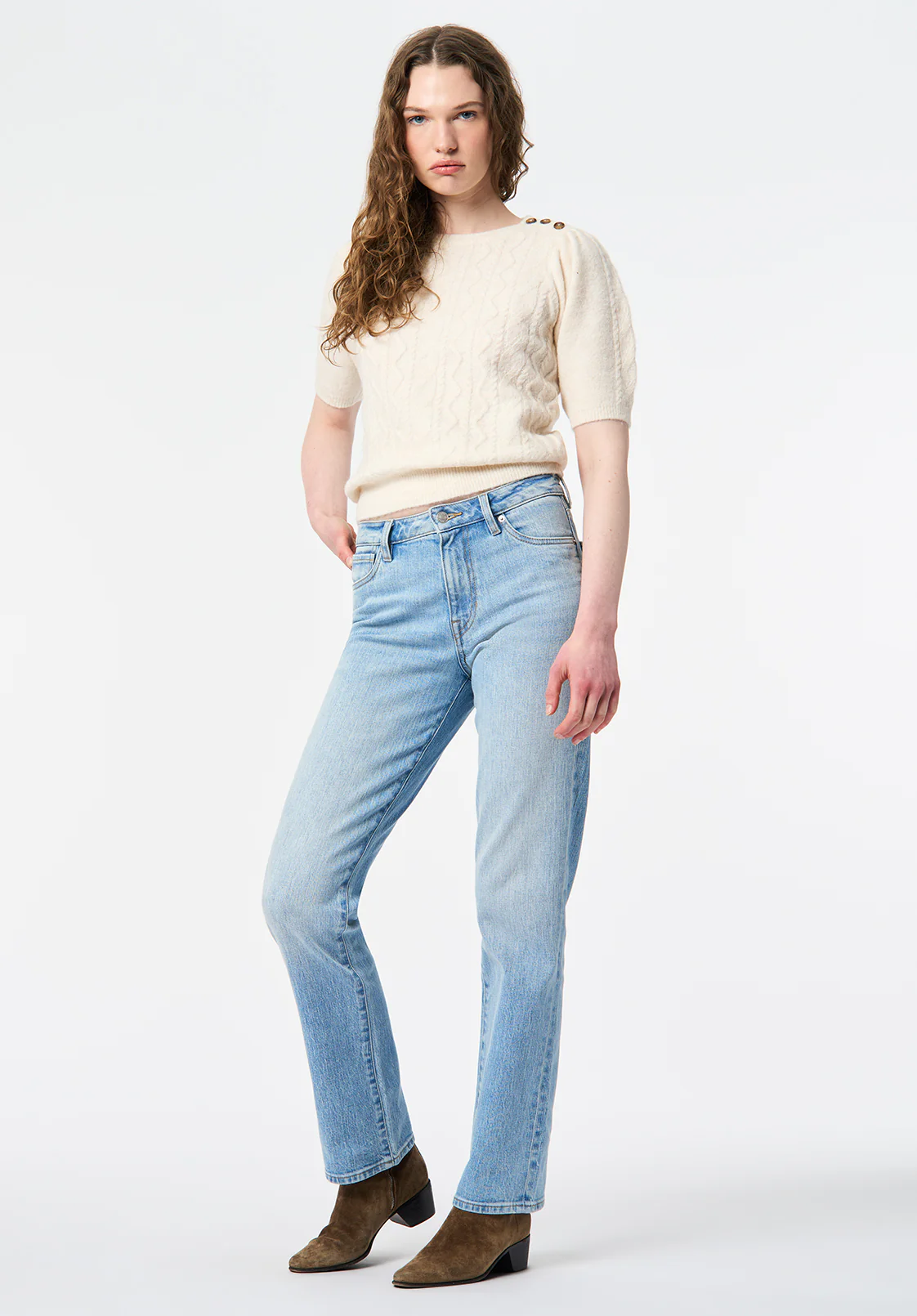 Mid Rise Straight Mary Women's Jeans, Light Blue Sanded - BL16092 - Image 4