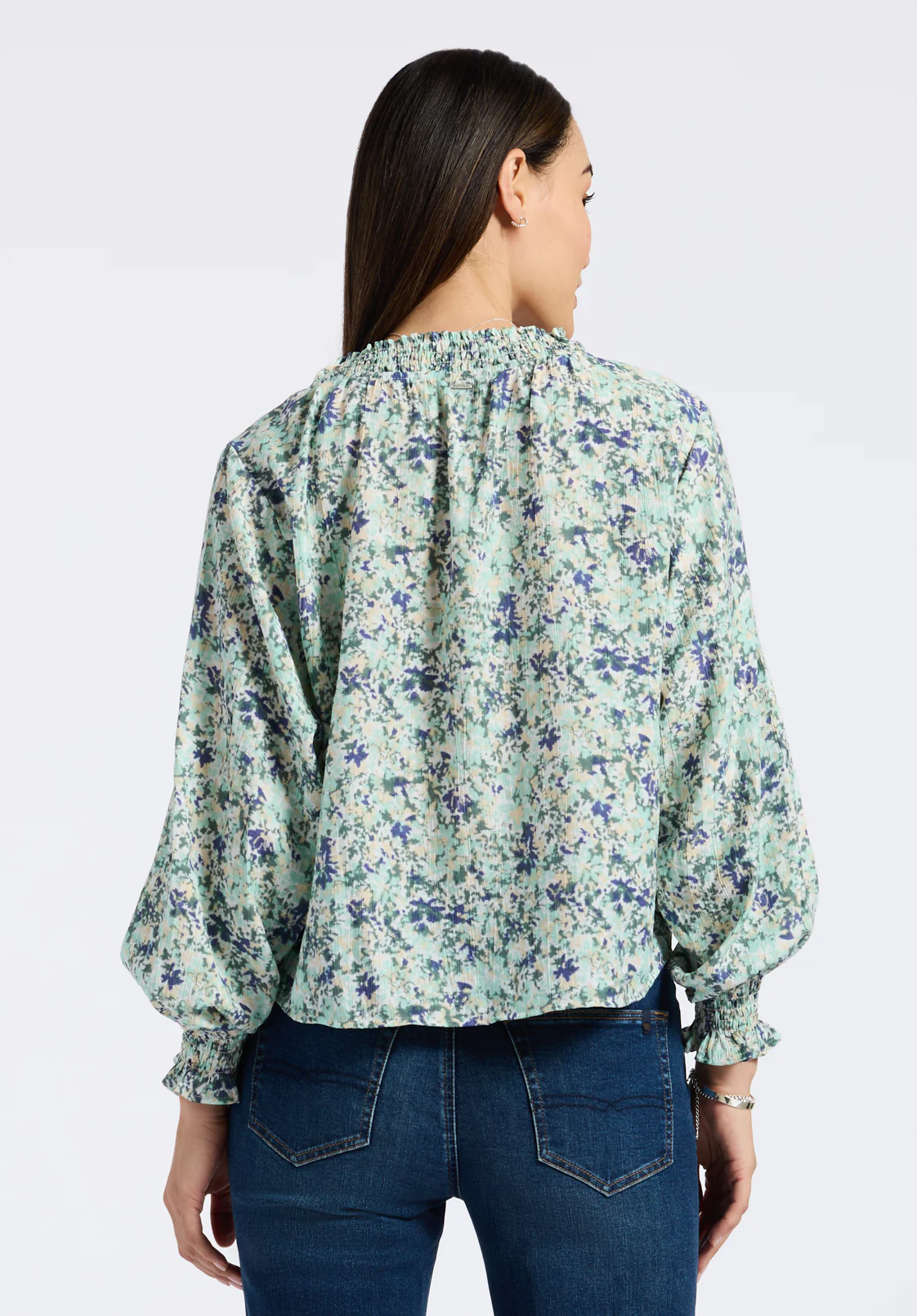 Maylah Women's Floral Print Long-Sleeve Smocked Blouse, Green Floral - WT0174P - Image 3