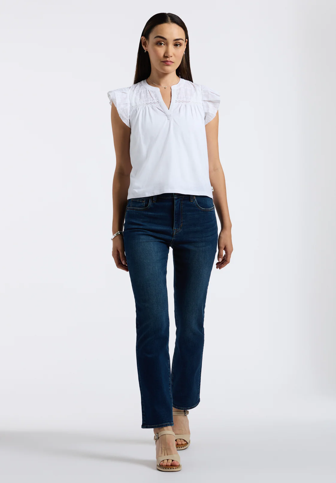 Mckaylie Women's Split Neck Flutter Sleeve Top with Embroidered Lace Details, White - KT0210P - Image 4