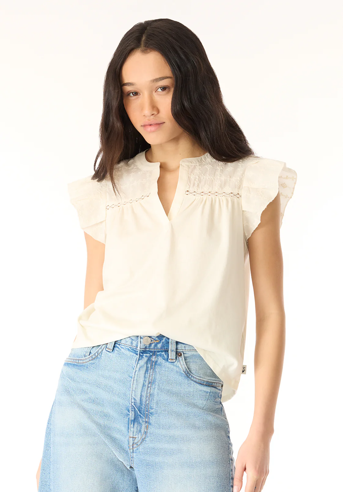 Mckaylie Women's Split Neck Flutter Sleeve Top with Embroidered Lace Details, Parchment - KT0210P