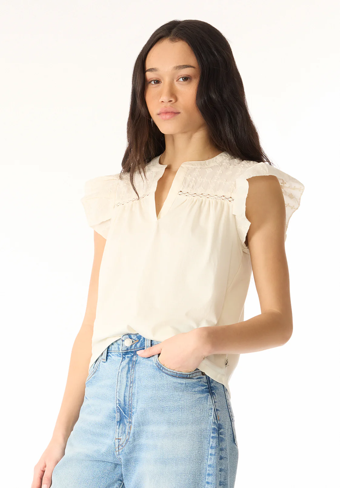 Mckaylie Women's Split Neck Flutter Sleeve Top with Embroidered Lace Details, Parchment - KT0210P - Image 2