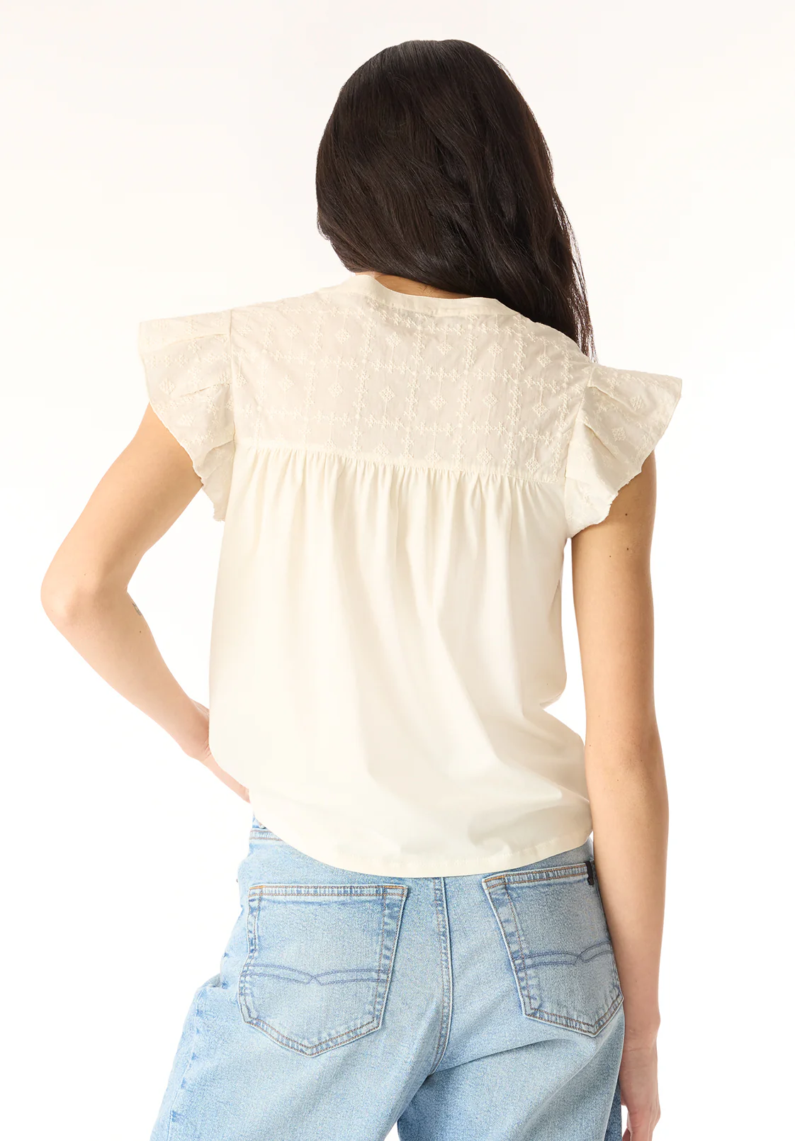 Mckaylie Women's Split Neck Flutter Sleeve Top with Embroidered Lace Details, Parchment - KT0210P - Image 3