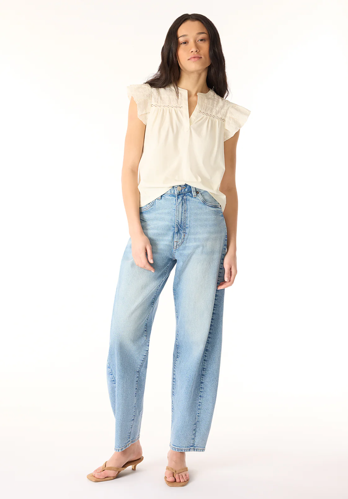 Mckaylie Women's Split Neck Flutter Sleeve Top with Embroidered Lace Details, Parchment - KT0210P - Image 4