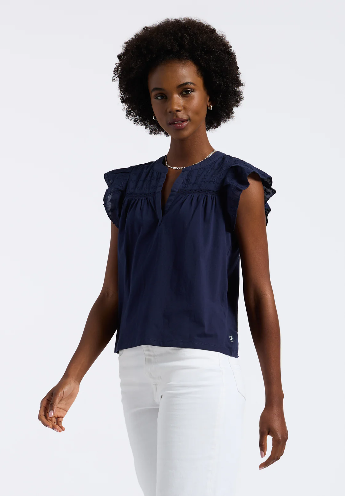 Mckaylie Women's Split Neck Flutter Sleeve Top with Embroidered Lace Details, Navy - KT0210P - Image 2