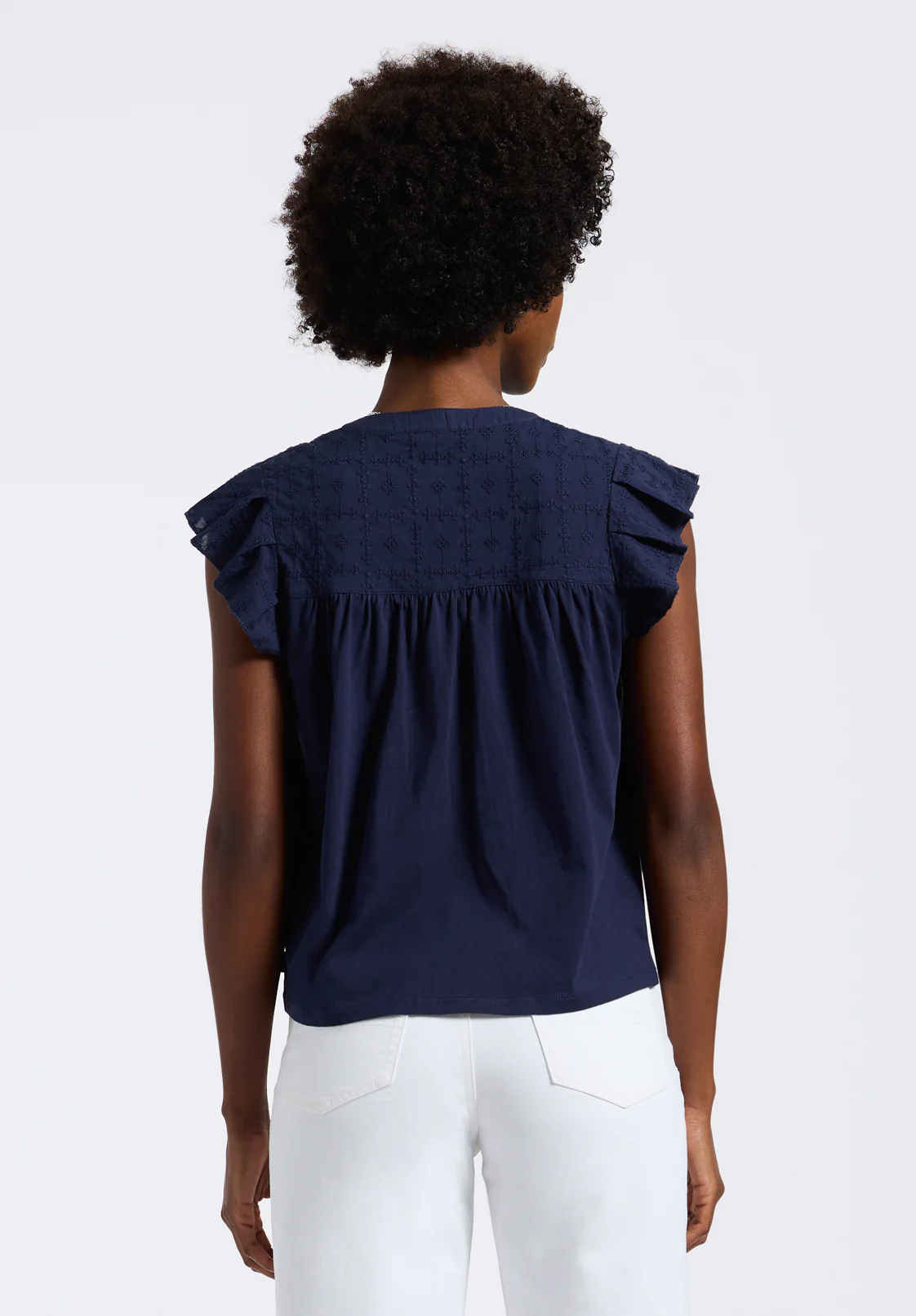 Mckaylie Women's Split Neck Flutter Sleeve Top with Embroidered Lace Details, Navy - KT0210P - Image 3