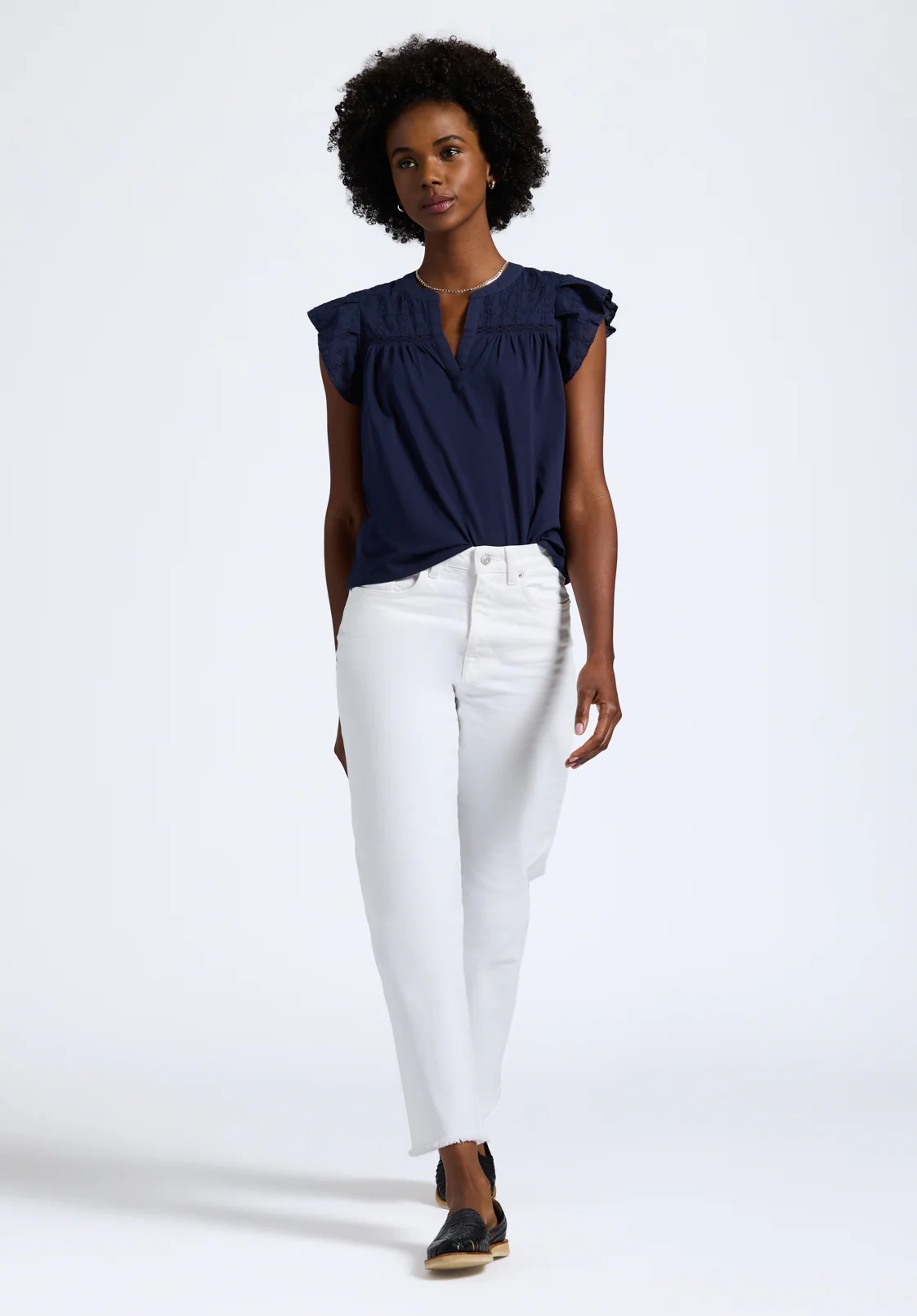 Mckaylie Women's Split Neck Flutter Sleeve Top with Embroidered Lace Details, Navy - KT0210P - Image 4