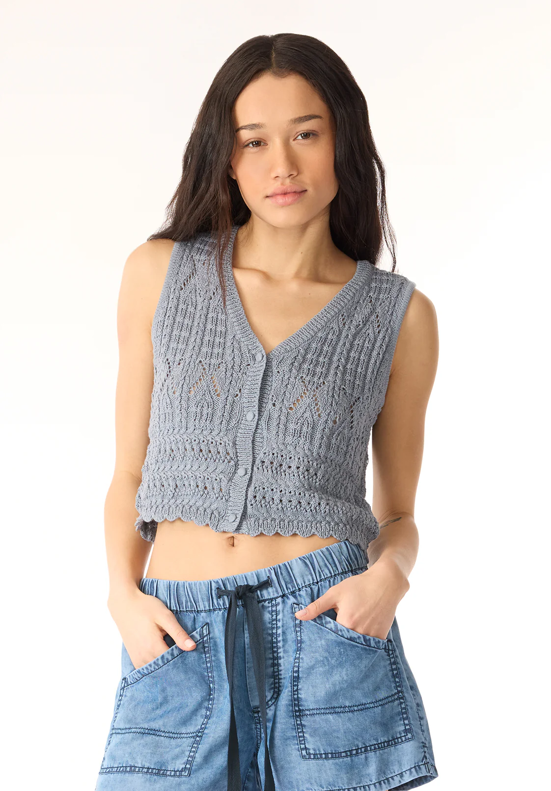 Merrybell Women's Pointelle Knit Vest with Button-Down Front, Bleached Navy - SW0114P