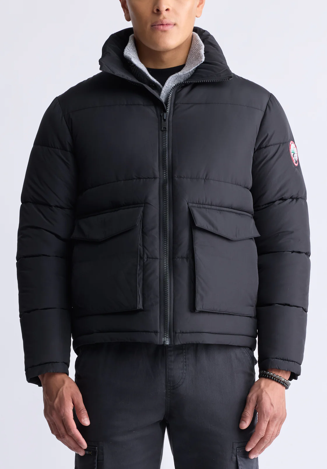 Nate Men’s Zip-up Puffer Jacket with Large Front Pockets, Black - OBMFE001 - Image 2