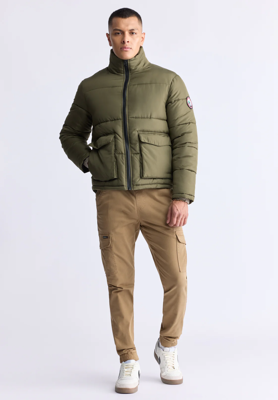 Nate Men’s Zip-up Puffer Jacket with Large Front Pockets, Army Green - OBMFE001 - Image 5