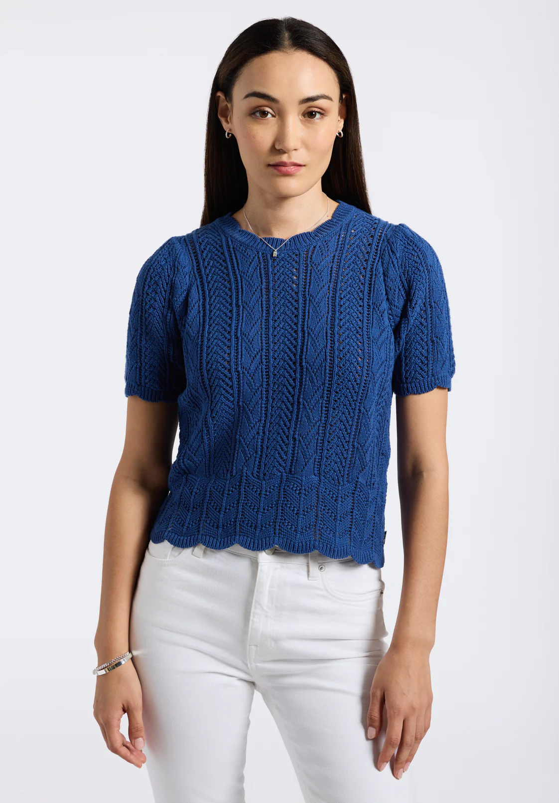Posey Women's Short-Sleeve Crochet Knit Sweater Top, Navy - SW0108P