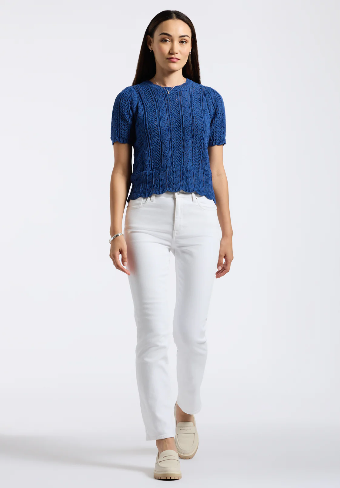 Posey Women's Short-Sleeve Crochet Knit Sweater Top, Navy - SW0108P - Image 4